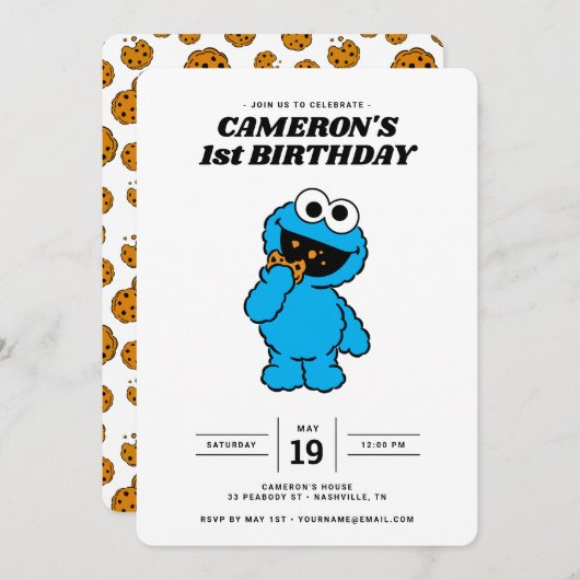 Invitation Monstre de biscuits simple 1er anniversaire (Devant / Derrière)