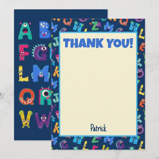Invitation Monstres Alphabet fête d'anniversaire ABC Merci (Devant / Derrière)