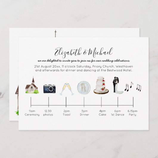 Invitation Montage Mariage de l'église aquarelle illustrée (Devant / Derrière)