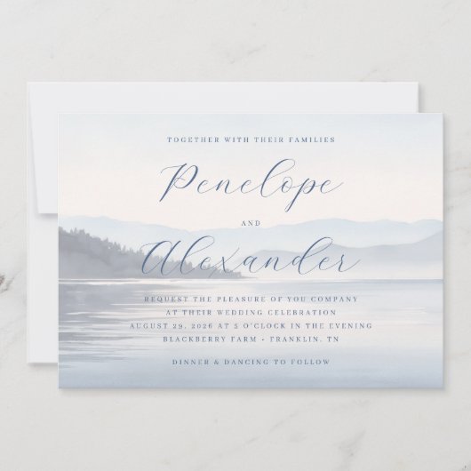 Invitation Montagnes Aquarelle Bleu Tranquille (Devant)