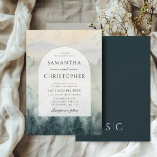 Invitation Montagnes et pins aquarelle pour mariage