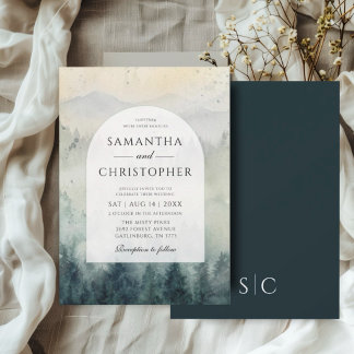 Invitation Montagnes et pins aquarelle pour mariage