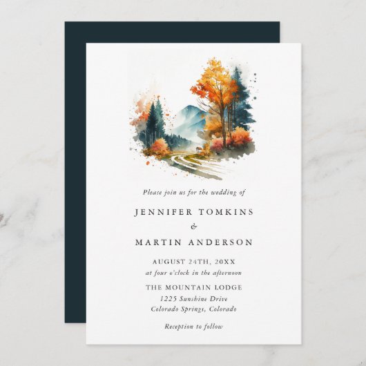 Invitation Montagnes Mariage forestier d'automne (Devant / Derrière)