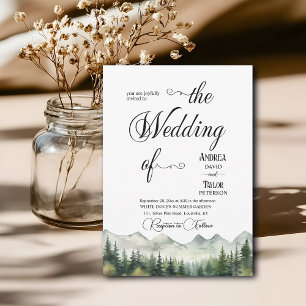 Invitation Montagnes Pins Élégante Calligraphie Mariage