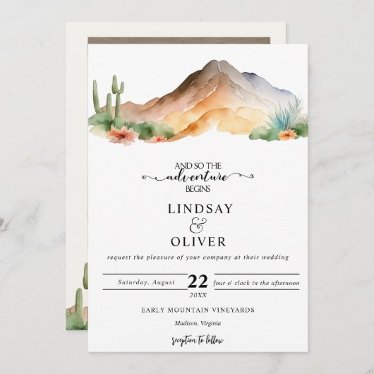 Invitation Montagnes Rustiques | Mariage du désert (Devant / Derrière)