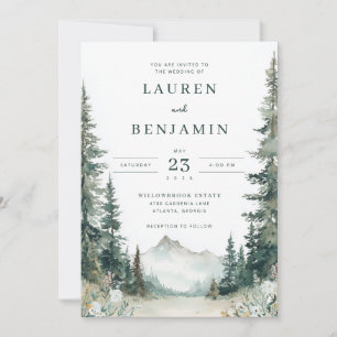 Invitation Montagnes Tranquilles aux Arbres en Aquarelle Vert