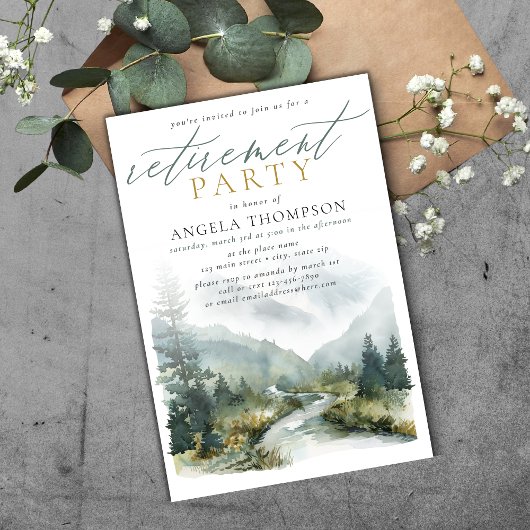 Invitation Montagnes Vert Aquarelle Simple Retraite