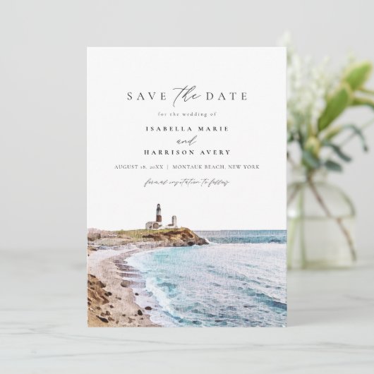 Invitation MONTAUK BEACH New York Skyline Enregistrer la date (Debout devant)