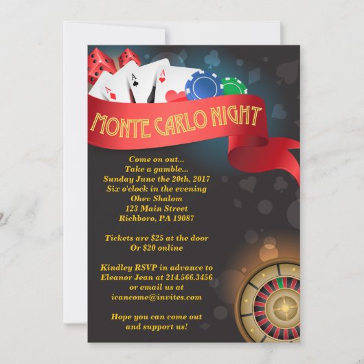 Invitation MONTE CARLO CASINO NIGHT Fund Raisonnement de l'in (Devant)