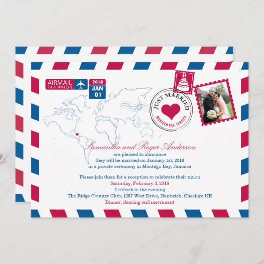 Invitation Montego Bay Jamaïque Par avion Réception de mariag (Devant / Derrière)