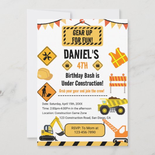 Invitation Monter Thème de construction personnalisée Anniver (Devant)