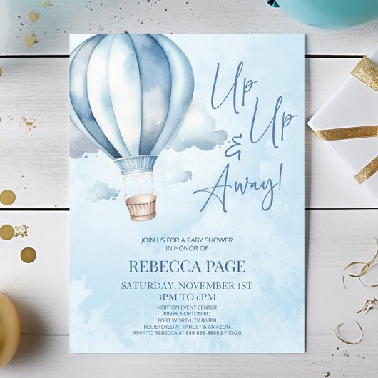 Invitation Montez et partez ! Baby shower Blue Hot Air Balloo