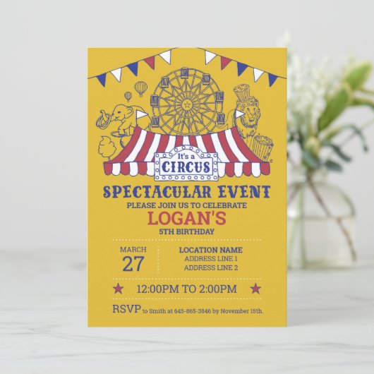 Invitation Montez ! Gold Editable Circus Anniversaire (Debout devant)