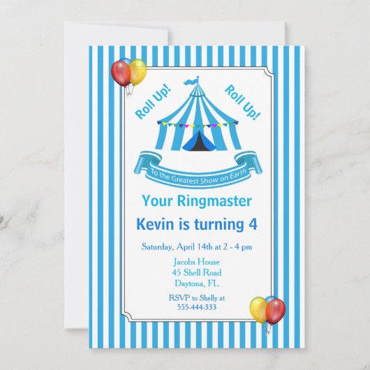 Invitation Montez ! Montez ! Cirque Anniversaire Bleu (Devant)