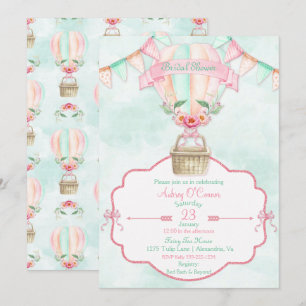Invitation Montgolfière Aquarelle Rose Menthe Pêche