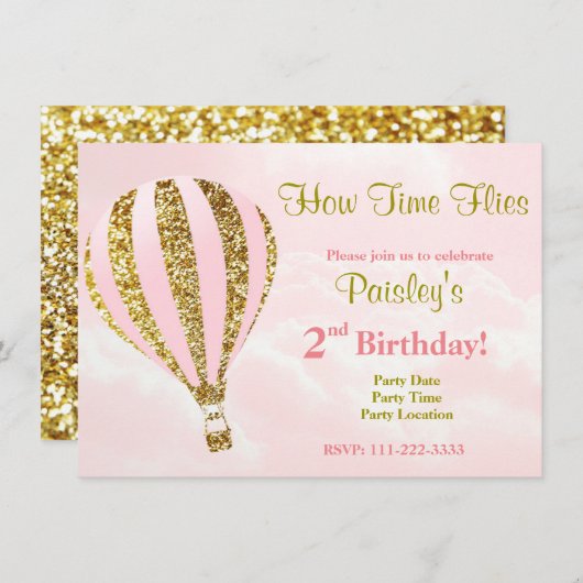 Invitation montgolfière en rose et or (Devant / Derrière)