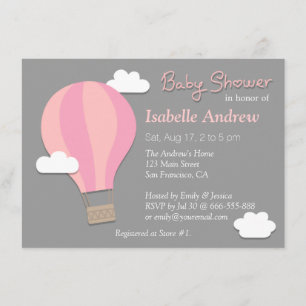 Invitation Montgolfière, Fête de Bébé Fille, Gris