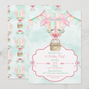 Invitation Montgolfière Premier Anniversaire Rose Menthe Pêch