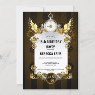 Invitation Montre Steampunk engrenages noir or pour 18 ans