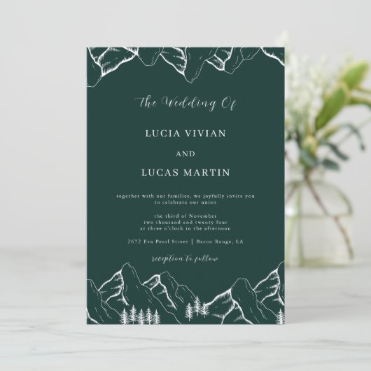 Invitation Monts Pine Tree Emerald Green QR Code Mariage (Debout devant)