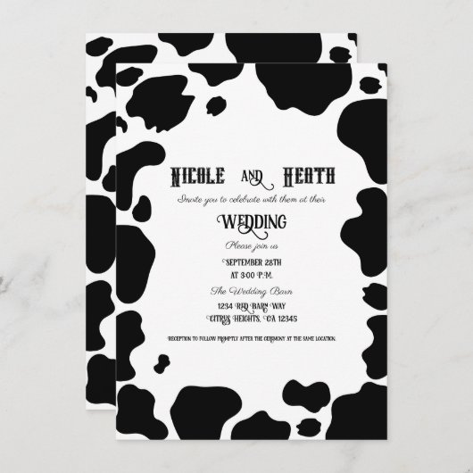 Invitation Moo Cow Spots Imprimer Mariage campagnard noir et  (Devant / Derrière)