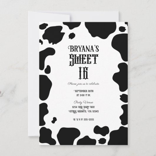 Invitation Moo Cow Spots Imprimer Noir & Blanc Rustique Sweet (Devant)