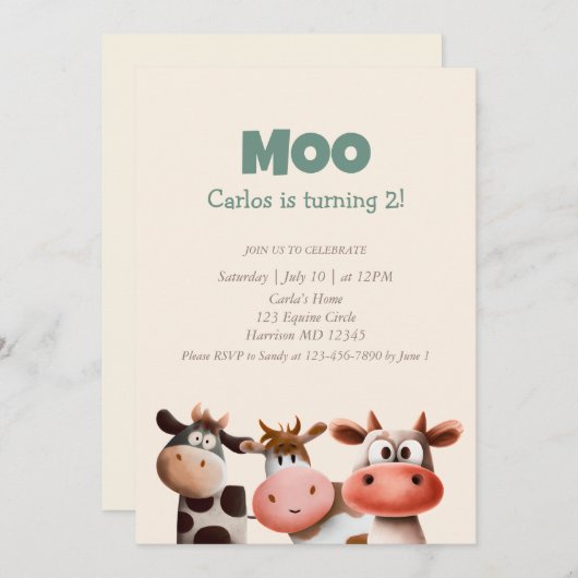 Invitation Moo I’m Turme Two mignon Vache Second Anniversaire (Devant / Derrière)
