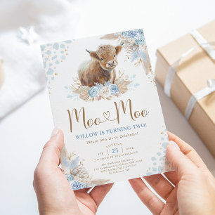 Invitation Moo Moo Boho Pampas Blue Highland Cow 2e anniversa