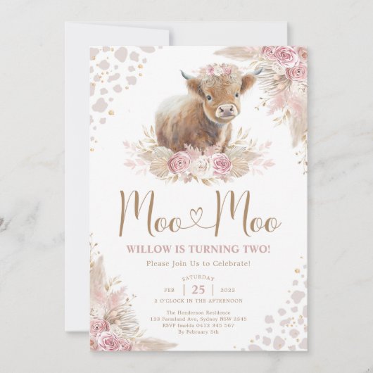 Invitation Moo Moo Boho Pampas Rose Highland Cow 2e anniversa (Devant)