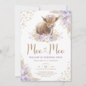 Invitation Moo Moo Boho Purple Highland Cow 2e anniversaire (Devant)