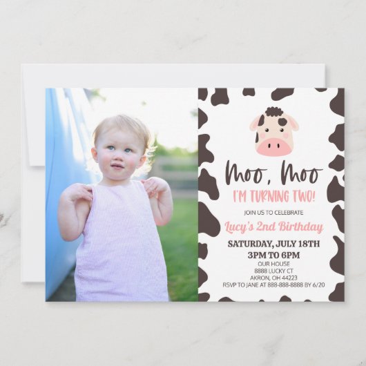 Invitation Moo Moo I'm Turning Two ! Vache 2e fête d'annivers (Devant)
