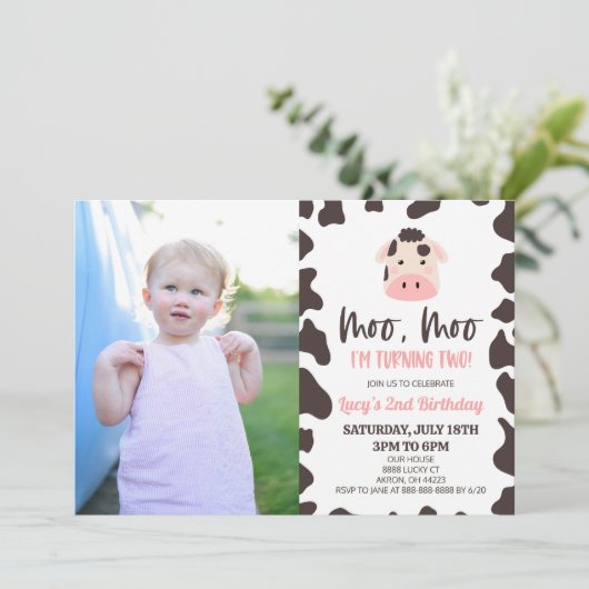 Invitation Moo Moo I'm Turning Two ! Vache 2e fête d'annivers (Debout devant)