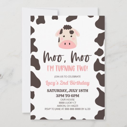 Invitation Moo Moo I'm Turning Two ! Vache 2e fête d'annivers (Devant)