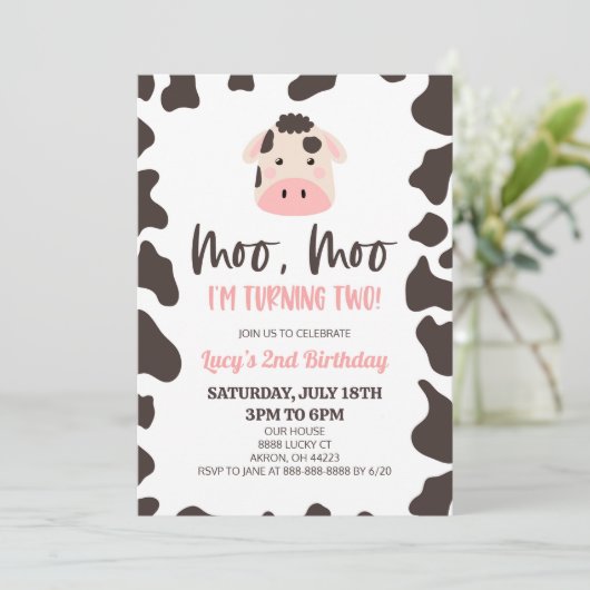 Invitation Moo Moo I'm Turning Two ! Vache 2e fête d'annivers (Debout devant)