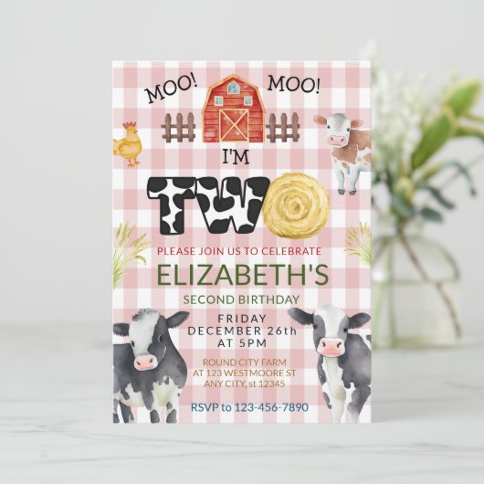 Invitation Moo Moo Im Two Cow 2e anniversaire (Debout devant)