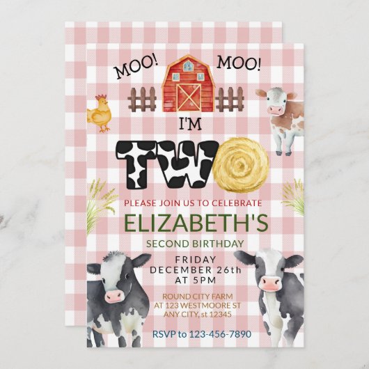 Invitation Moo Moo Im Two Cow 2e anniversaire (Devant / Derrière)
