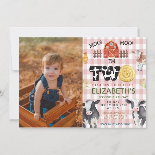 Invitation Moo Moo Im Two Cow 2e Photo Anniversaire (Devant)
