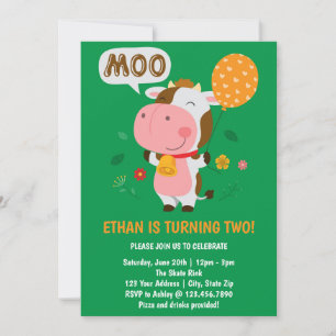Invitation Moo Moo j'ai deux ans Fête d'anniversaire de vache