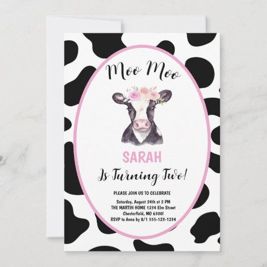 Invitation Moo Moo Je suis deux vaches fille 2e fête d'annive (Devant)