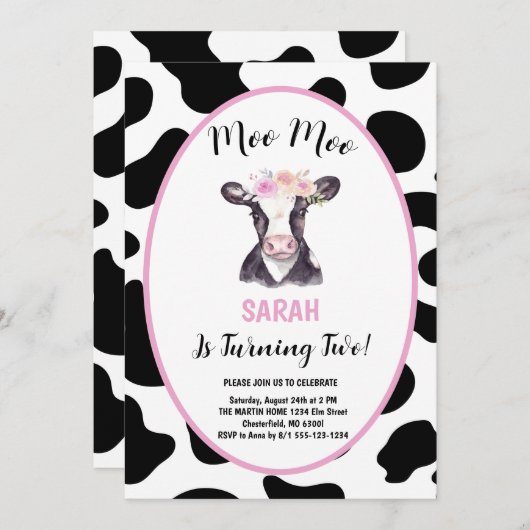 Invitation Moo Moo Je suis deux vaches fille 2e fête d'annive (Devant / Derrière)