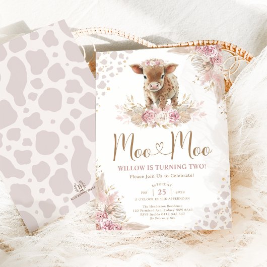 Invitation Moo Moo Pink Boho Cow Pampas Grass 2e anniversaire