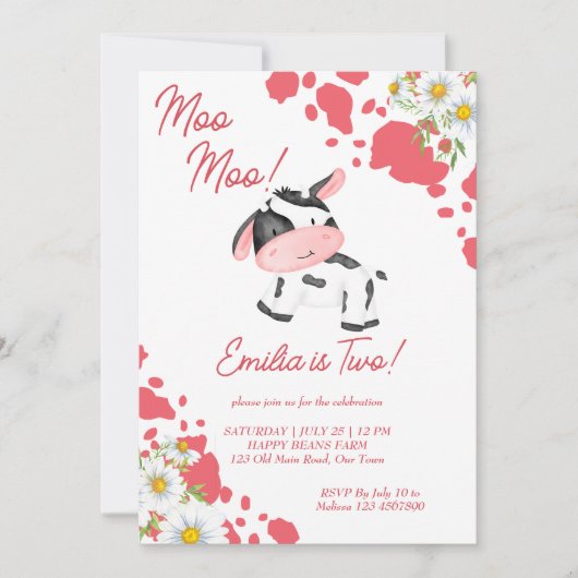 Invitation Moo moo rose motif mignonne fête d'anniversaire de (Devant)