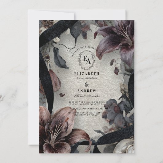 Invitation Moody Black and White Floral Mariage Design (Devant)