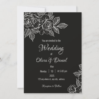 Invitation Moody Black and White Peony Esquisse Mariage Invit
