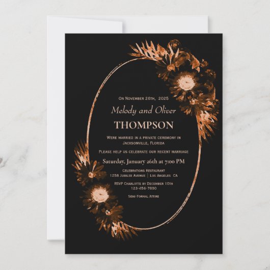 Invitation Moody Black avec Mariage Floral Orange Brûlé (Devant)