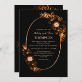 Invitation Moody Black avec Mariage Floral Orange Brûlé (Devant / Derrière)