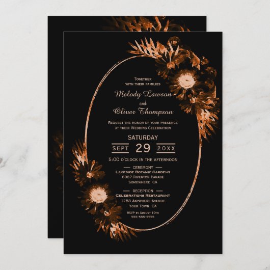 Invitation Moody Black avec Mariage Floral Orange Brûlé (Devant / Derrière)