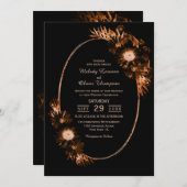 Invitation Moody Black avec Mariage Floral Orange Brûlé (Devant / Derrière)