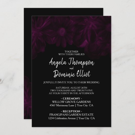 Invitation Moody Black avec Mariage rose (Devant / Derrière)