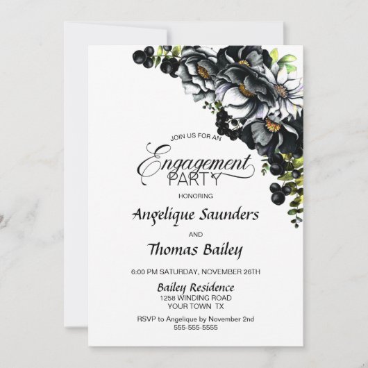 Invitation Moody Black Floral Custom Photo Party (Devant)